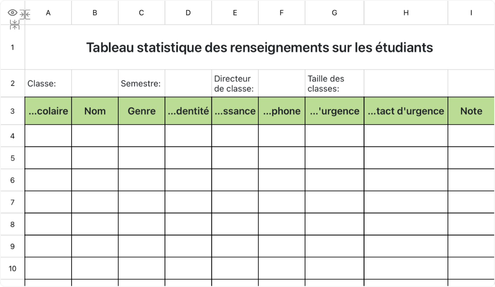 Tableau statistique des renseignements sur les étudiants
